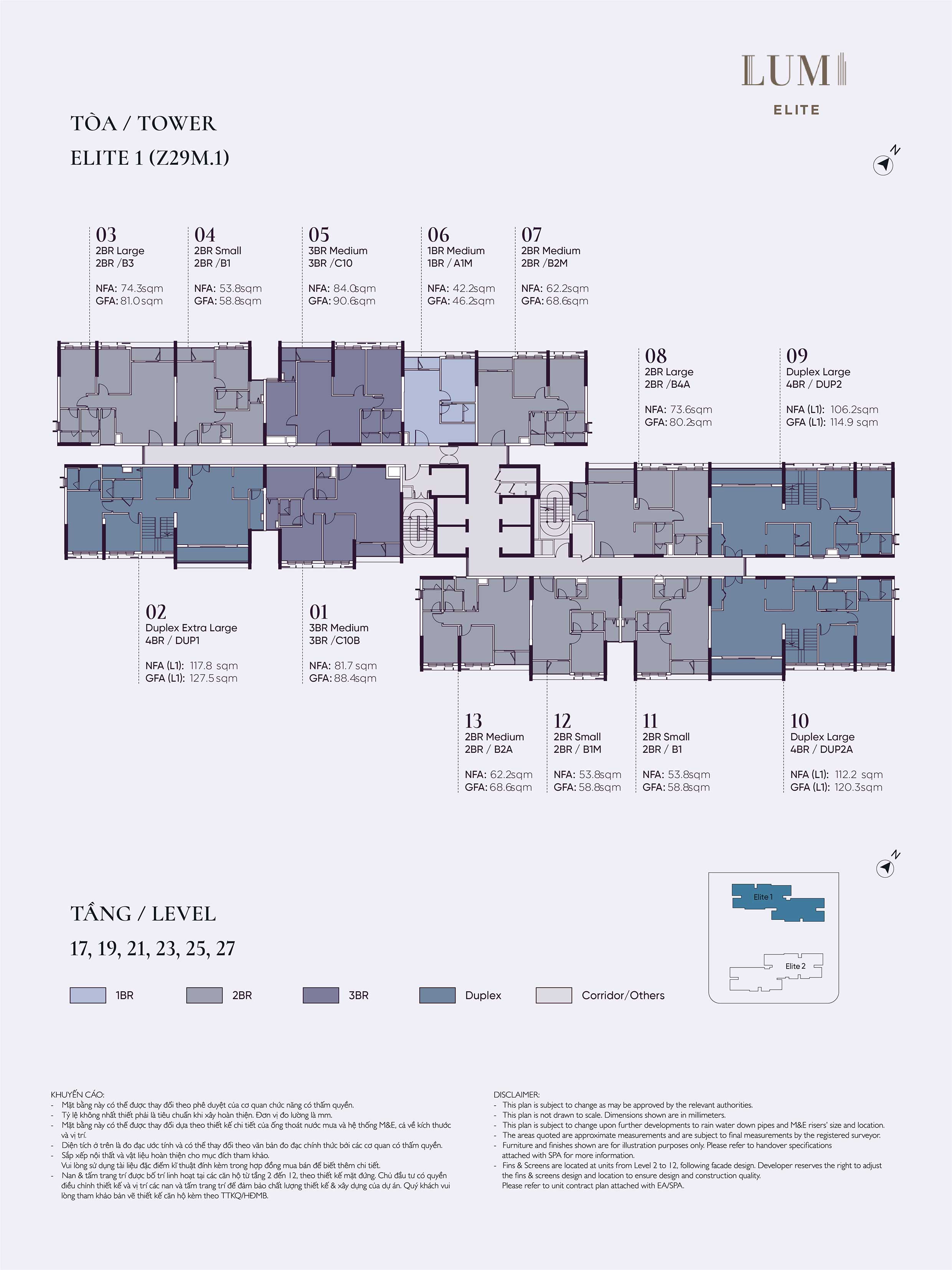 Mặt bằng Elite 1 Tầng 17, 19, 21, 23, 25, 27