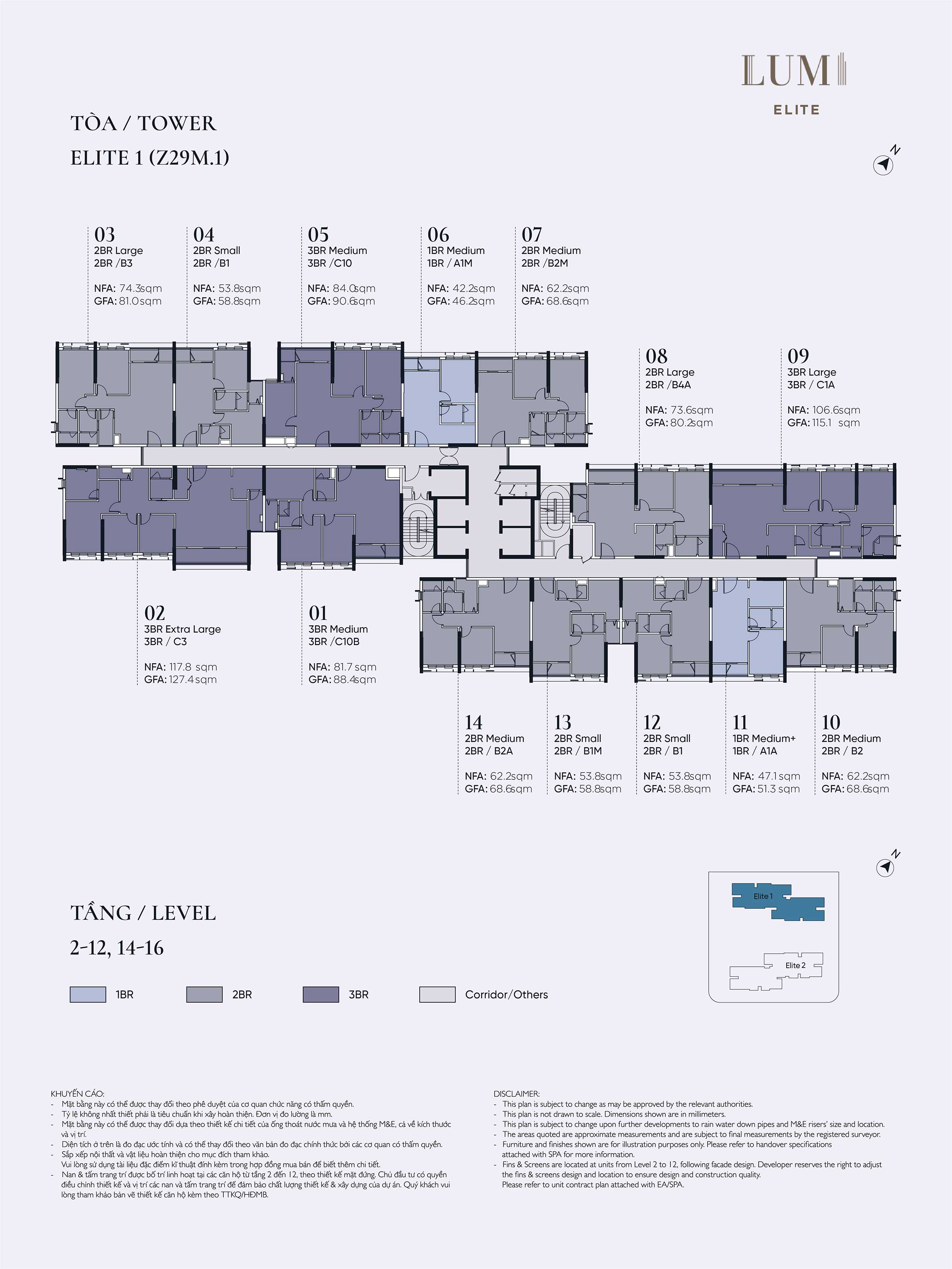 Mặt bằng Elite 1 Tầng 2-12, 14-16