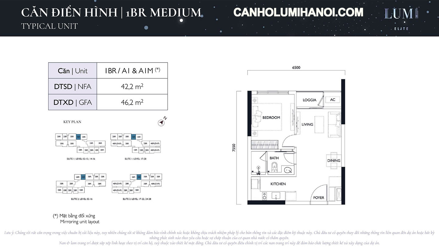 Mặt bằng căn hộ 1BR Medium Lumi Elite