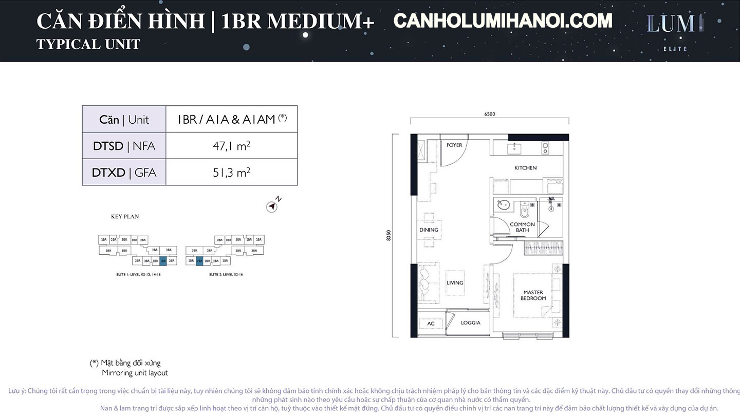 Mặt bằng căn hộ 1BR Medium+ Lumi Elite