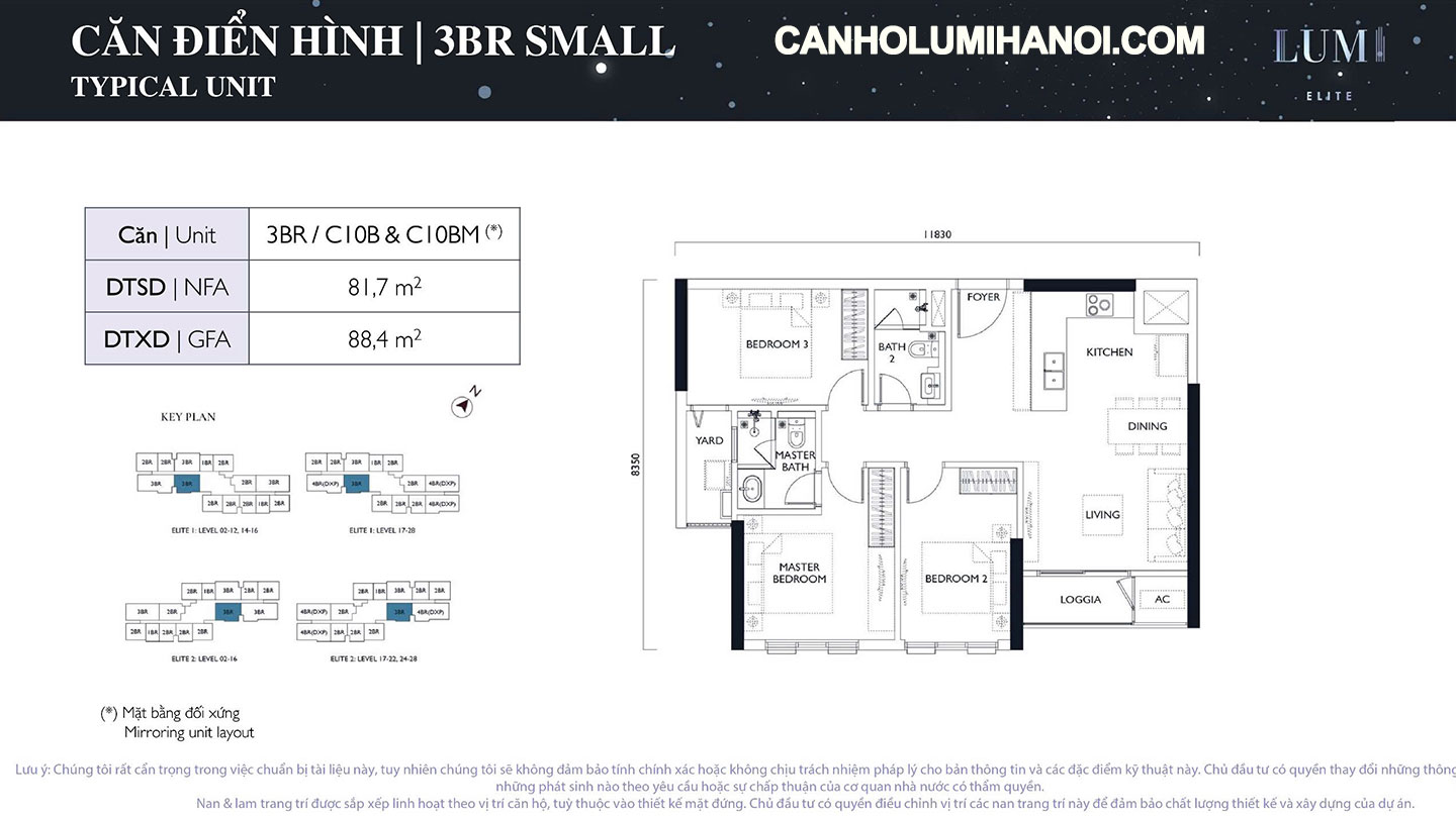 Mặt bằng căn hộ 3BR Small Lumi Elite