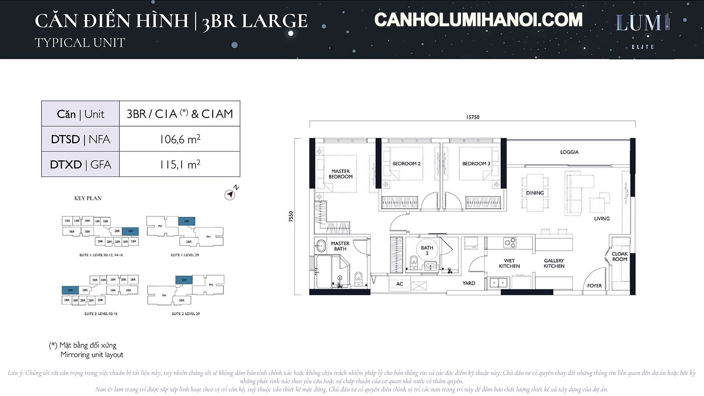 Mặt bằng căn hộ 3BR Large Lumi Elite