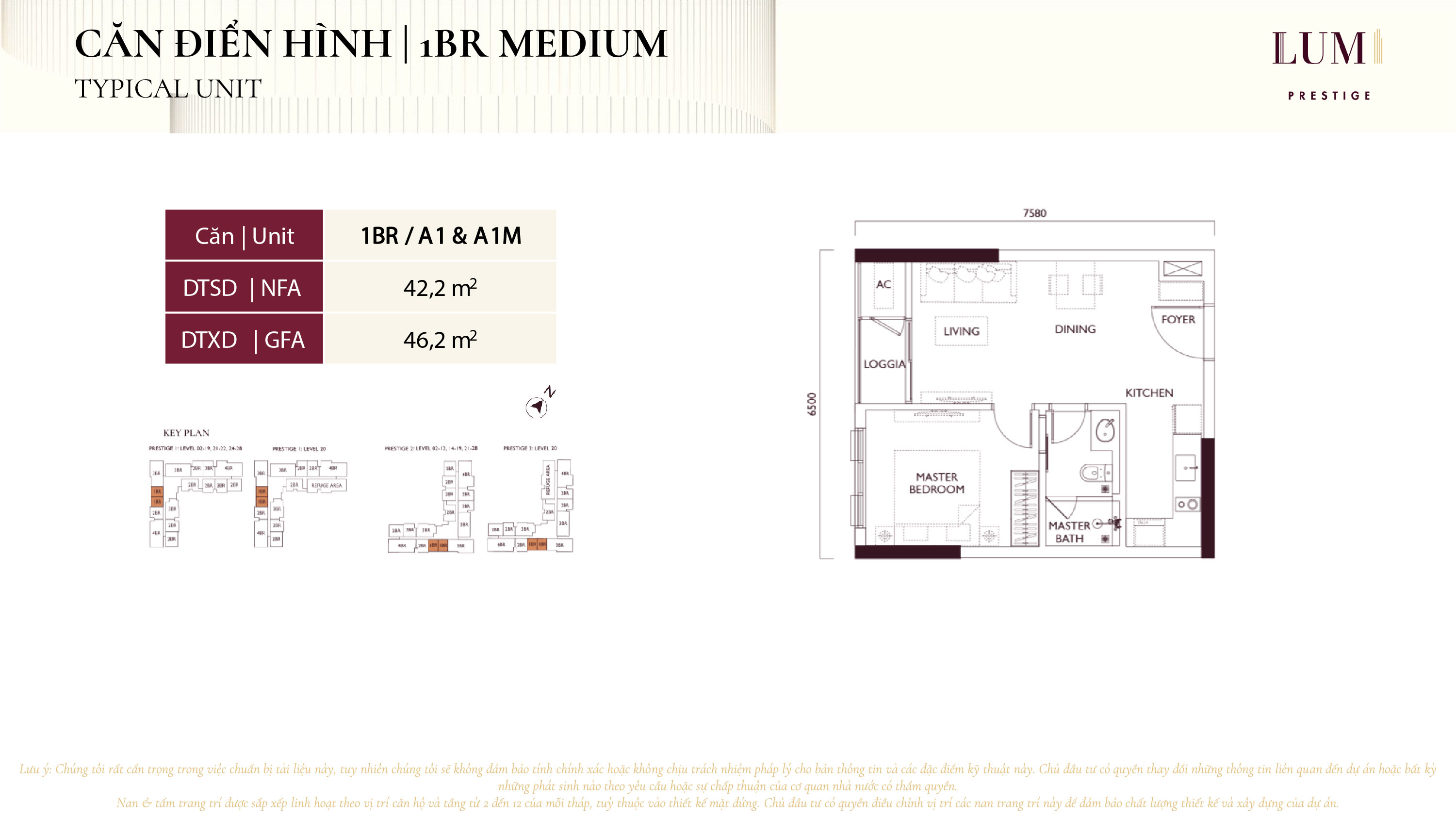 Mặt bằng căn hộ 1BR Medium Lumi Prestige