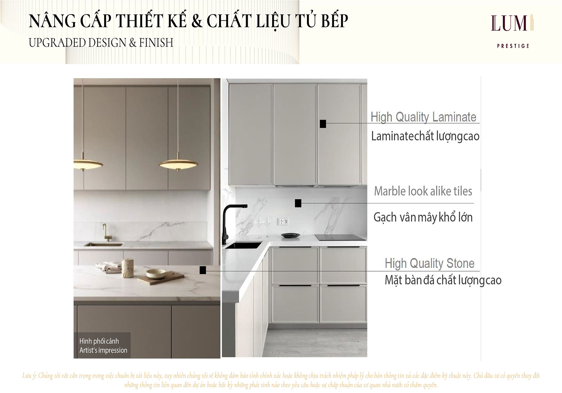 Không gian bếp tại Lumi Prestige được thiết kế bàn theo tiêu chuẩn cao cấp