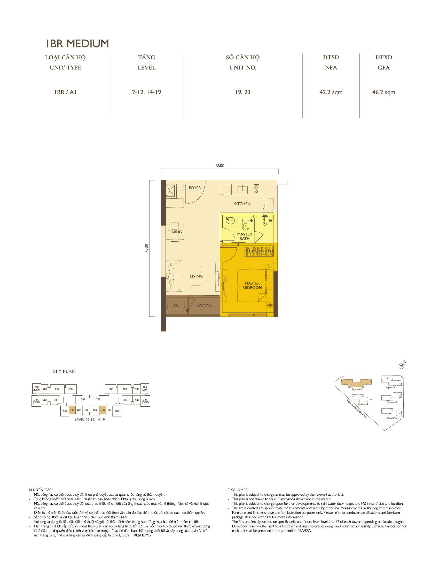 Mặt bằng căn hộ 1PN tòa Signature 6 Loại 1