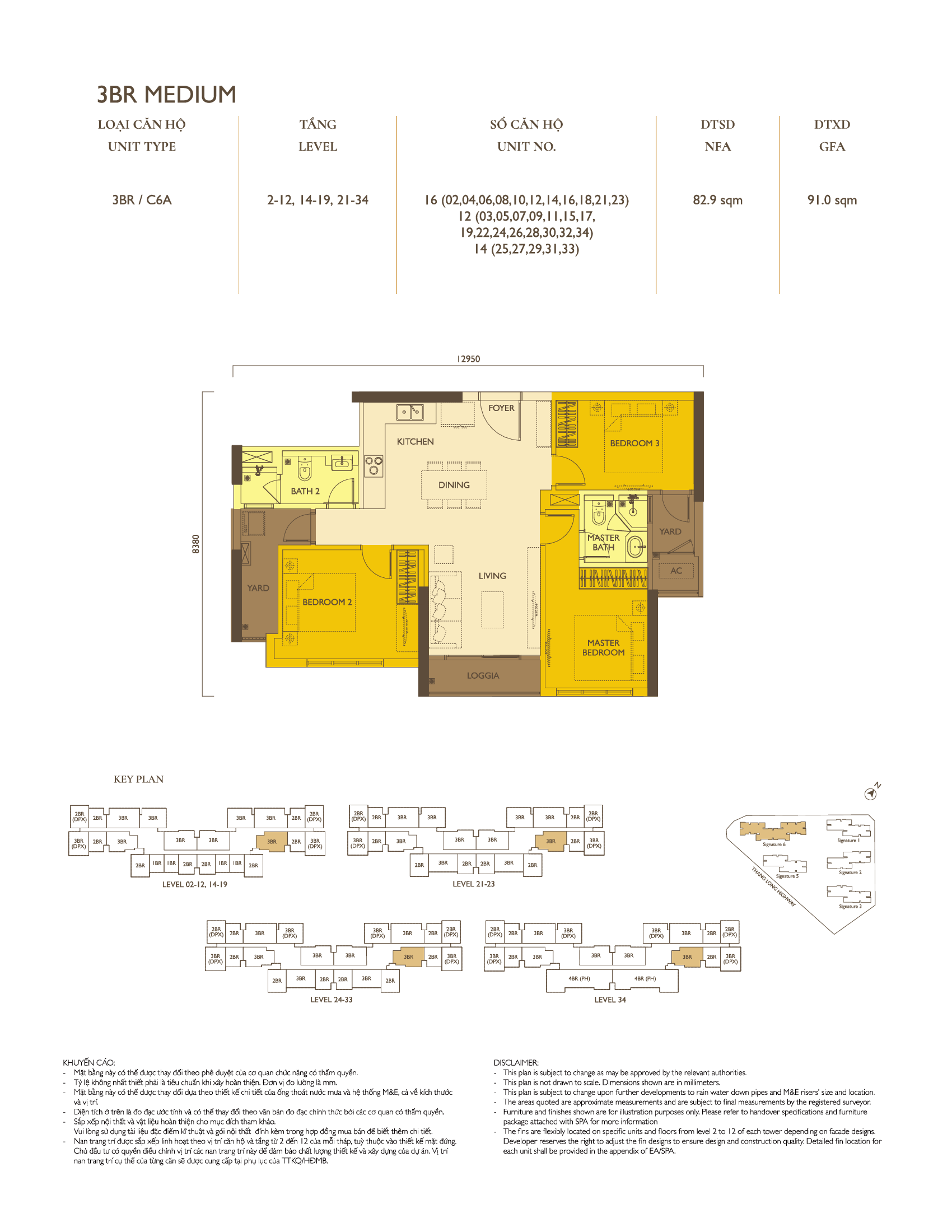 Mặt bằng căn hộ 3PN tòa Signature 6 Loại 2