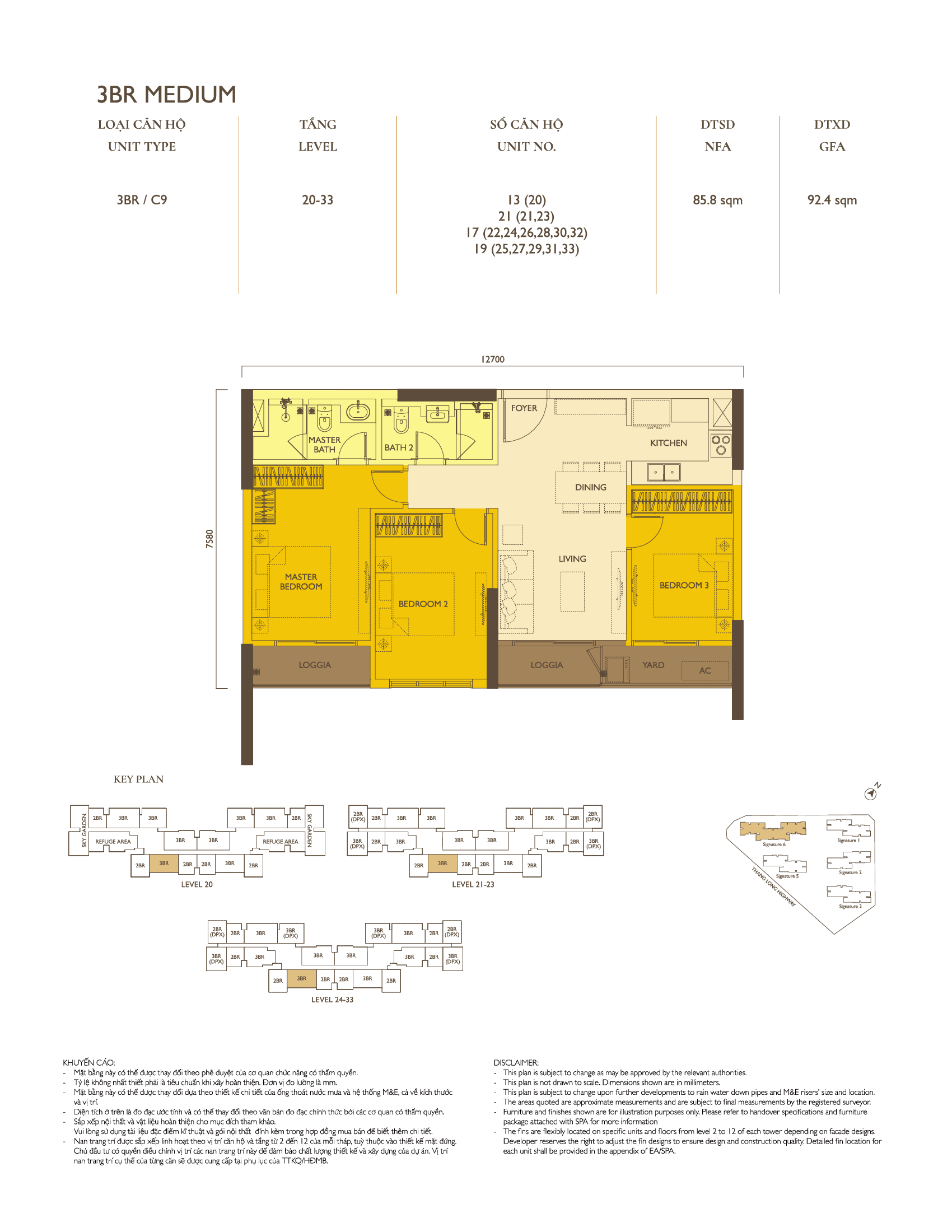 Mặt bằng căn hộ 3PN tòa Signature 6 Loại 7
