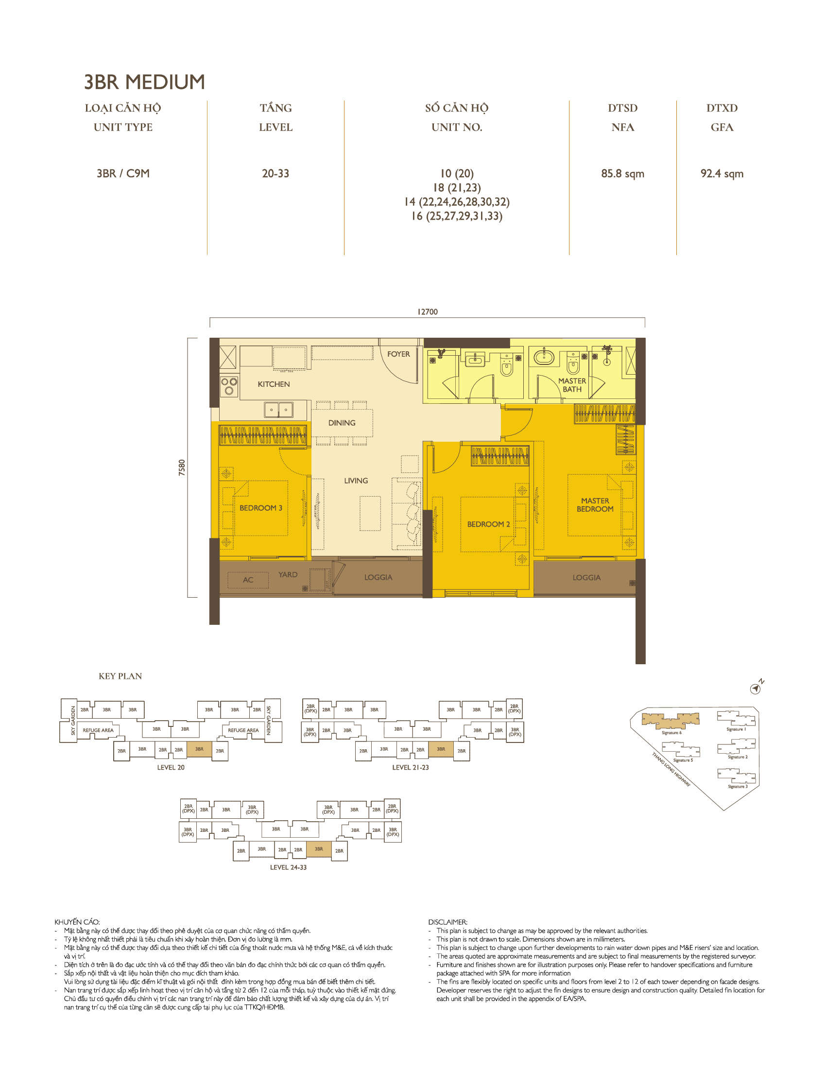Mặt bằng căn hộ 3PN tòa Signature 6 Loại 8