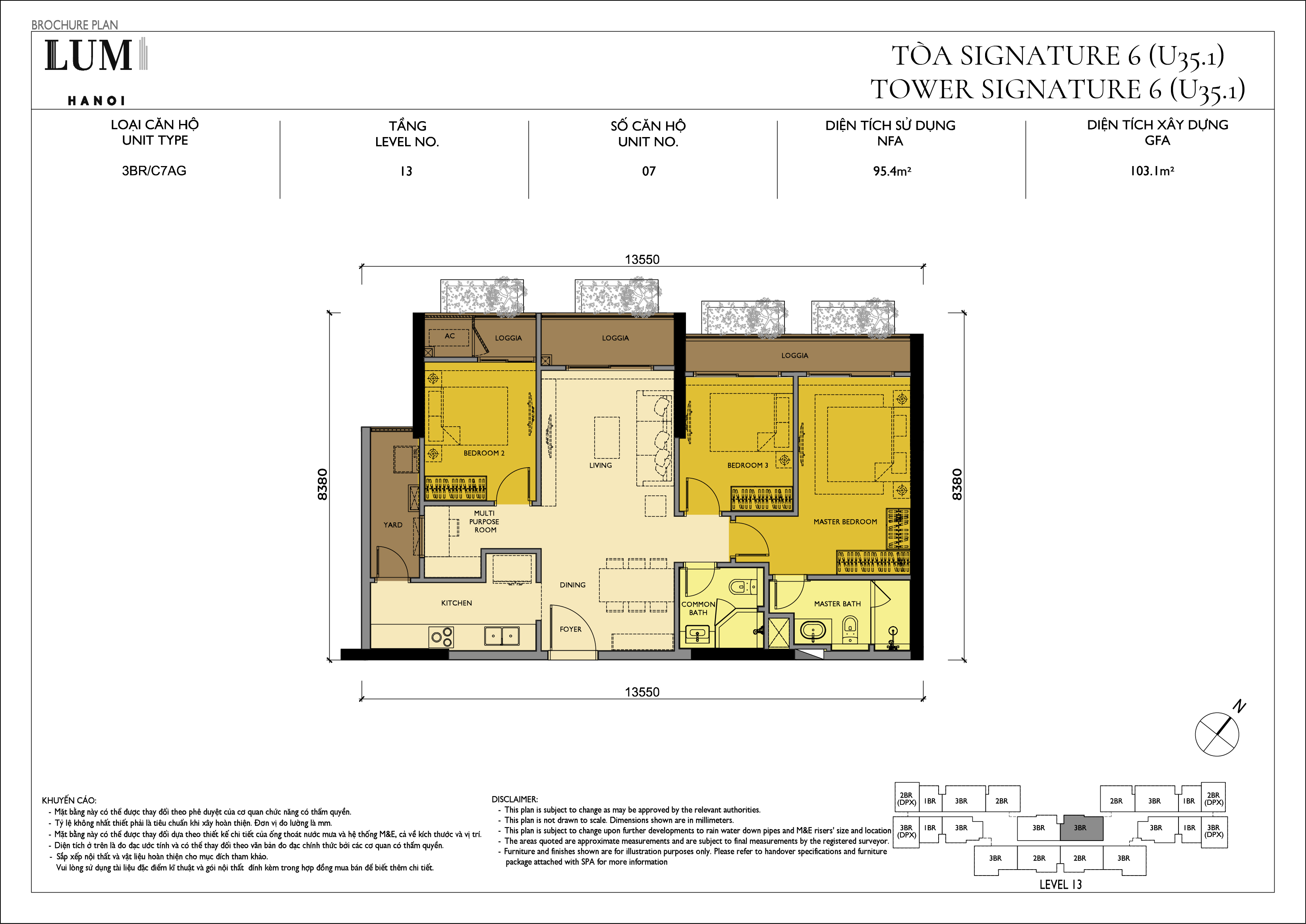 Mặt bằng căn hộ 3PN tòa Signature 6 Loại 11
