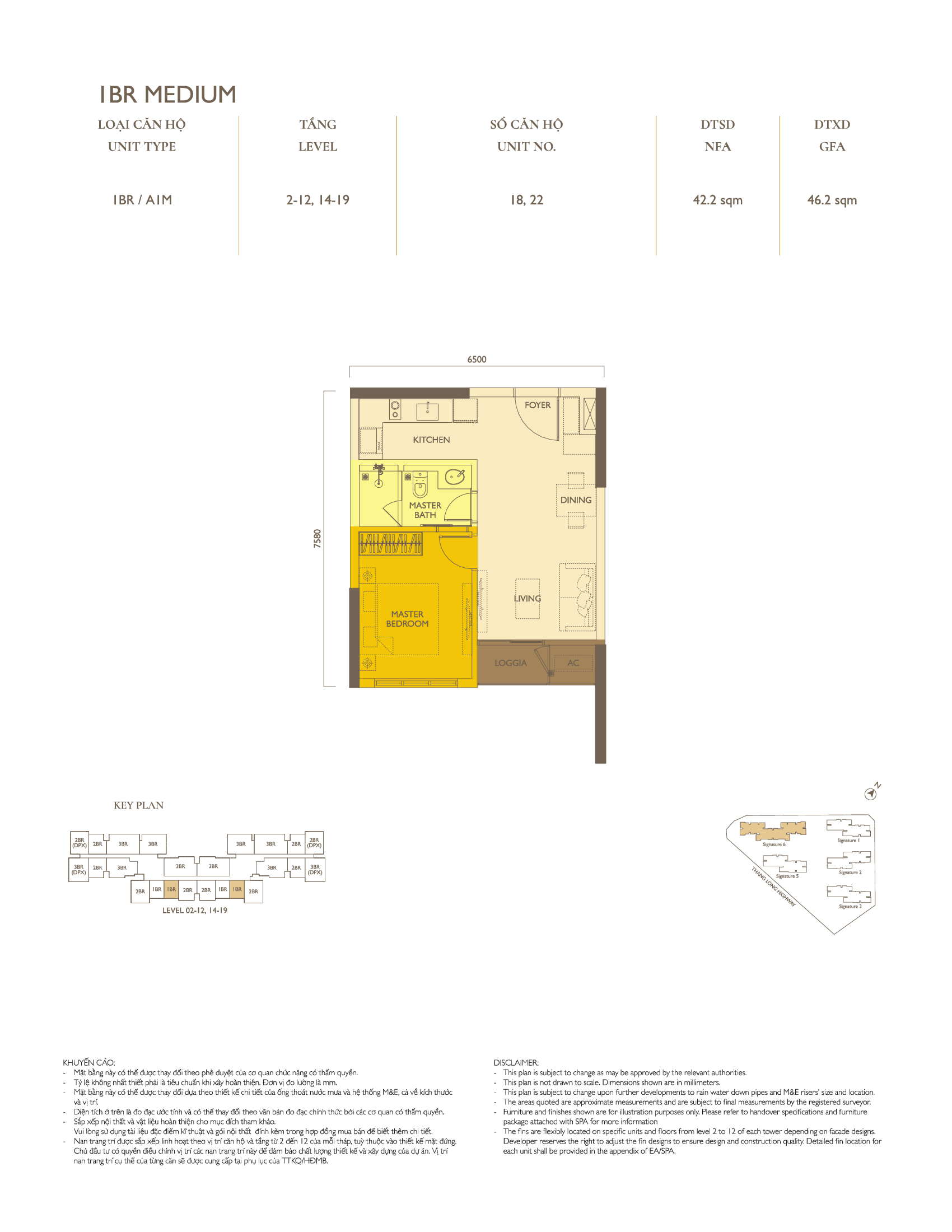 Mặt bằng căn hộ 1PN tòa Signature 6 Loại 2